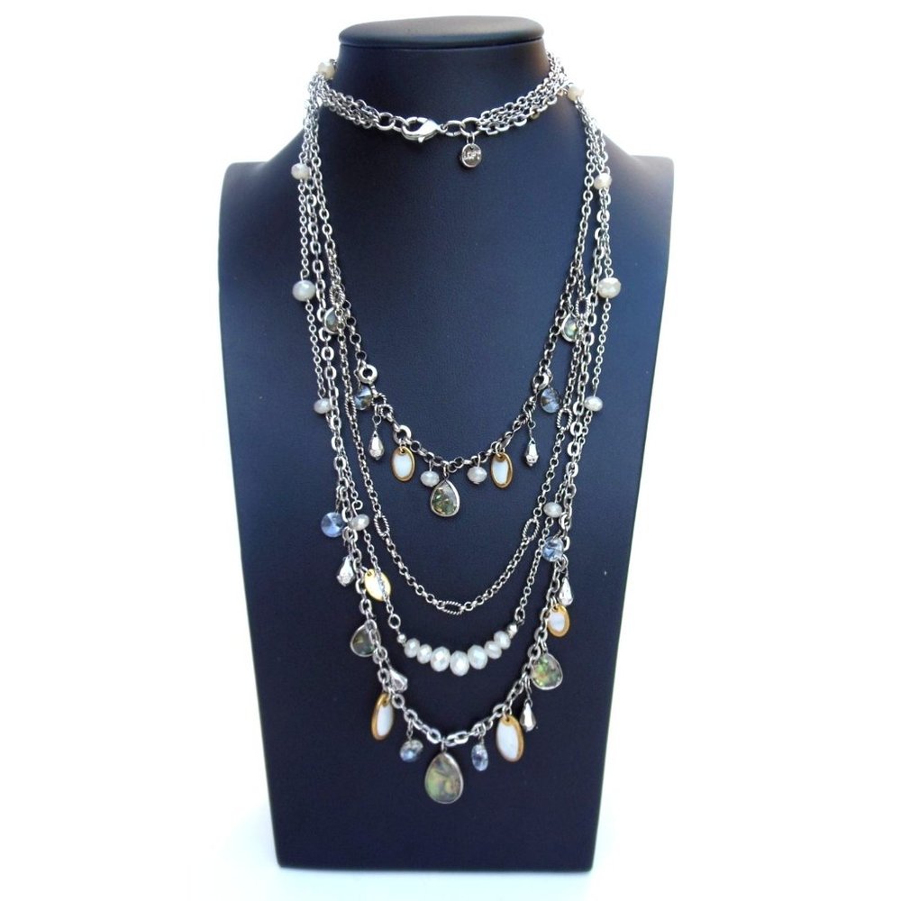 Ann Taylor Loft Silver Tone Multistrand Necklace w/ Faux Labradorite MOP & Cryst - Picture 1 of 5